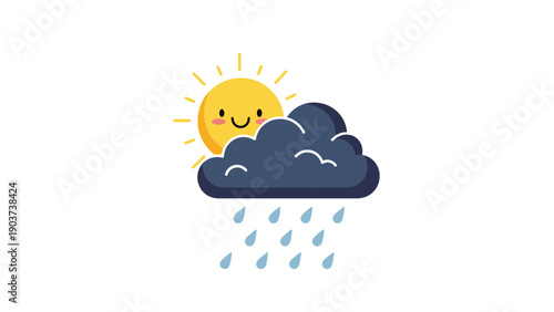 Cute weather icon showing a smiling yellow sun partially hidden behind a dark blue rain cloud with falling blue raindrops for a forecast.
