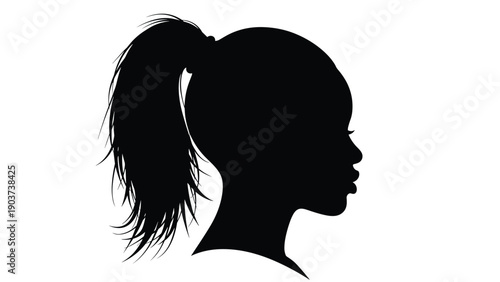 Profile silhouette of a young black woman with a high ponytail hairstyle against a stark white background for hair care or fashion concepts.
