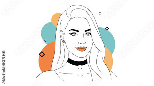 Portrait illustration of a beautiful woman with long hair wearing a black choker and orange earrings against a modern abstract background.