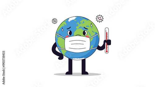 Sick planet earth character wearing a medical mask and holding a thermometer to illustrate global health crisis and environmental concerns.