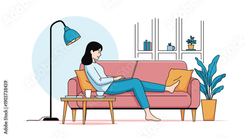 Young woman relaxing on a comfortable pink sofa while working on her laptop in a modern bright living room with indoor plants and lamp.