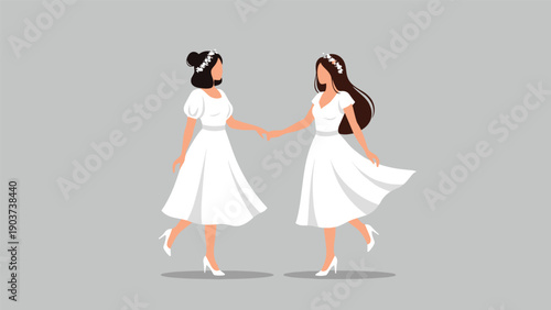 Two beautiful women in white summer dresses and floral crowns holding hands and dancing together against a neutral grey background.