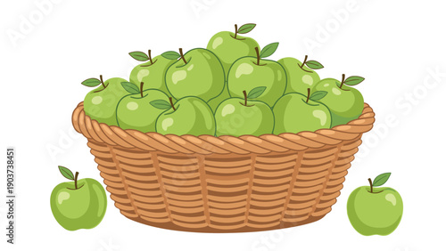 Large wicker basket overflowing with fresh green apples and two individual apples on the side for a healthy harvest and nutrition concept.
