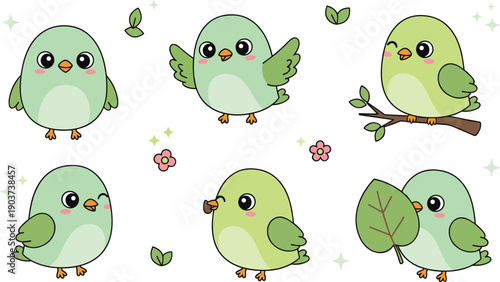 Cute Kawaii Green Bird Character Sticker Set with Flying Winking and Perching Little Birds Vector Illustration
