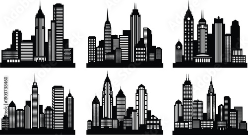City skyline silhouette set in black featuring modern urban skyscrapers and buildings for architecture, real estate, downtown landscape, travel and metropolitan design use