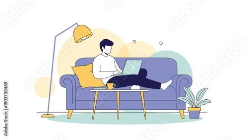 Young man working remotely on his laptop while sitting on a comfortable blue sofa in a minimalist modern living room with abstract shapes.