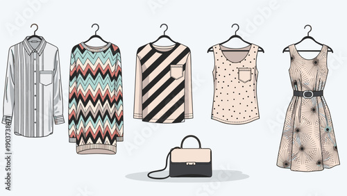 Collection of stylish women clothing on hangers including a striped shirt patterned dress and sweater with a matching black handbag below.