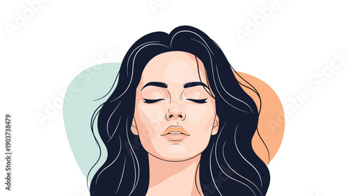 Calm and peaceful portrait of a young woman with her eyes closed against a minimalist abstract background for wellness and meditation.
