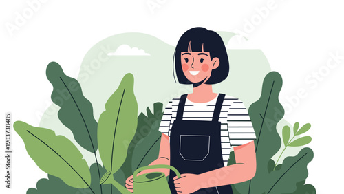 Smiling woman in an apron watering lush green plants in a garden or home setting to promote plant care and indoor gardening hobbies.