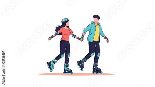 Young active couple holding hands while rollerblading outdoors wearing helmets and protective gear for a fun and healthy date activity.