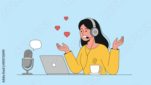 Happy female podcaster wearing a headset speaking into a microphone while recording a podcast or live stream with a laptop and coffee.