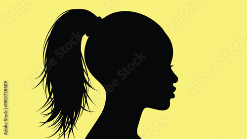 Profile silhouette of a young woman with a long ponytail hairstyle shown against a solid bright yellow background illustration.