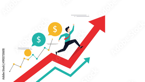 Businessman running up a large red rising arrow with money bubbles representing financial growth and career success.