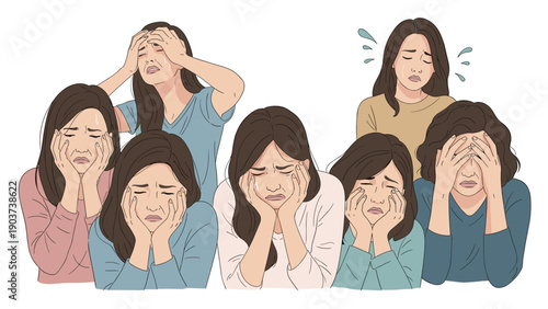 Collection of illustrations showing various women crying and expressing intense sadness, grief, or despair in different poses.