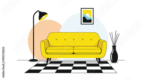 Modern living room interior design with a bright yellow sofa, floor lamp, checkered rug, and abstract wall art painting.
