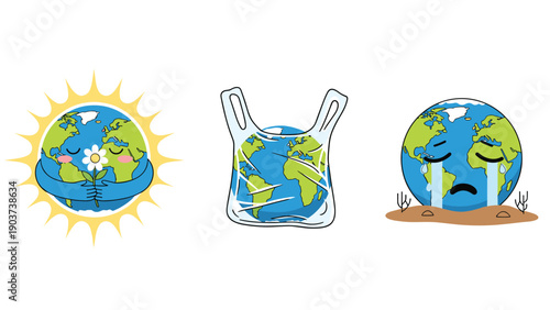 Three Earth icons showing a healthy world, a planet trapped in a plastic bag, and a sad crying world in a dry desert land.