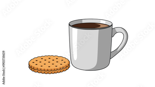 Gray coffee mug filled with dark hot beverage sitting next to a round sandwich biscuit on a clean white background.