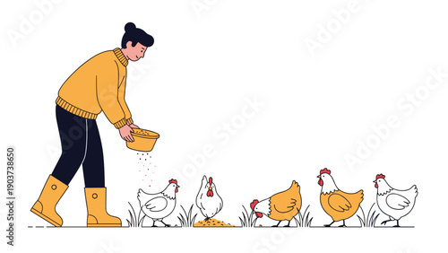 Woman in a yellow sweater and boots is shown feeding a group of white and brown chickens on a white background illustration.