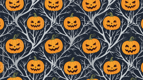 Halloween seamless pattern featuring spooky orange jack-o-lantern pumpkins on white barren tree branches over dark blue.