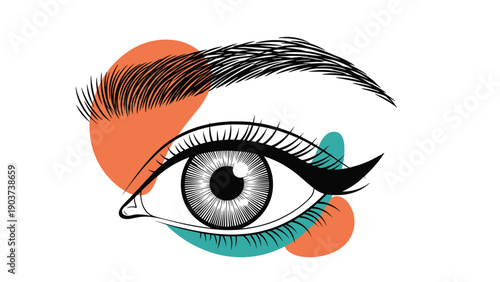 Artistic illustration of a female eye with winged eyeliner, long lashes, and a defined eyebrow with abstract color shapes.