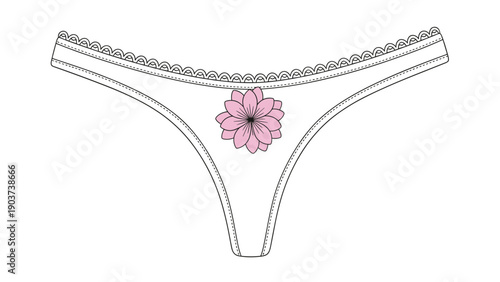 Technical fashion drawing of a white thong with a pink flower detail in the center and decorative lace edges on white.