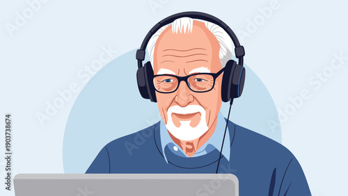 Elderly man with a gray beard and glasses wears headphones while working on his laptop in a modern indoor workspace.