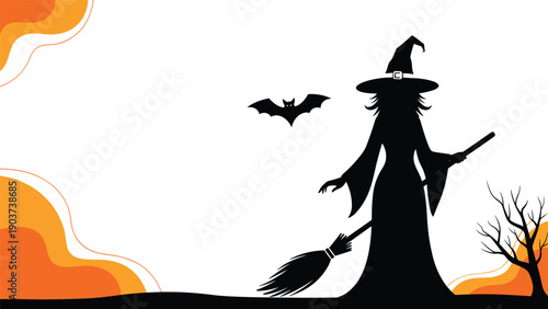 Spooky silhouette of a witch holding a broomstick with a flying bat and a barren tree against a white and orange sky.