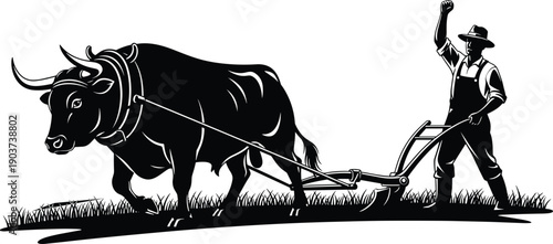 Vintage, silhouette, illustration, of, a, farmer, plowing, agricultural, field, with, strong, bull, ox, traditional, manual, labor, rural, farming, heritage, worker.