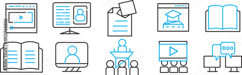 Online course icon pack set. Video lesson logo symbol. Popular e-learning service app icon.Online course icon collection. Isolated vector illustration on white background.
