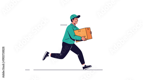 Professional courier in a green uniform and cap runs quickly to deliver a large cardboard box parcel on a clean white background.