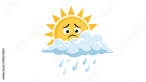 Sad yellow sun character with a disappointed expression peeking from behind a blue rain cloud with falling droplets.
