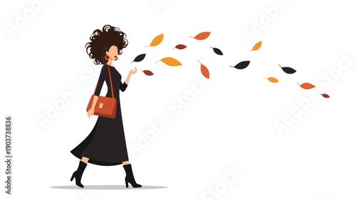 Elegant woman in a black dress walks through a gust of wind as colorful autumn leaves fly around her in a minimalist flat vector scene.