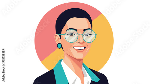 Portrait of a young woman with short dark hair and round glasses smiles against a vibrant pink and yellow colorful circular background.