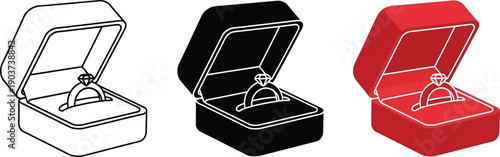 Set of diamond engagement ring boxes proposal concept icons in outline black and red for wedding design