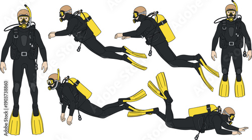 Professional Scuba Diver Vector Character Set with Underwater Swimming Poses and Diving Gear for Marine Sports, Deep Sea Exploration, Aquatic Adventure, and Snorkeling Safety Training