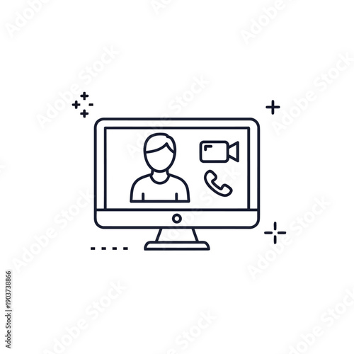 A computer screen displaying a person with a speech bubble and plus signs