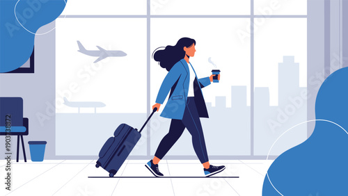 Traveler woman pulls a rolling suitcase through a modern airport terminal with airplanes visible through large windows in a flat scene.