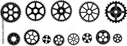 Gear and cogwheel silhouette icon set in black featuring mechanical wheels and industrial parts for engineering, machinery, technology, automation and industrial design concepts