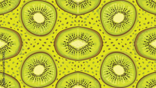 Refreshing seamless pattern of green kiwi fruit slices with black seeds creates a vibrant and healthy summer food background illustration.