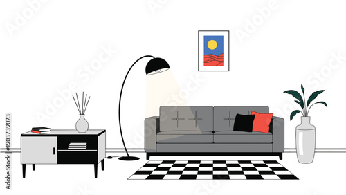 Minimalist living room interior design includes a grey sofa, black and white checkered rug, floor lamp, and a large plant in a vase.