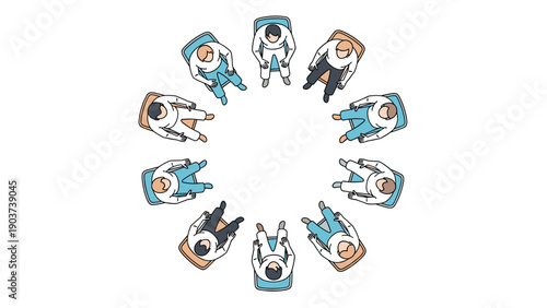 Group of diverse people sit in a circle for a support meeting or community therapy session viewed from an overhead isometric perspective.