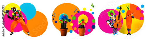 A vibrant illustration of musicians and cacti in colorful circles with balloons