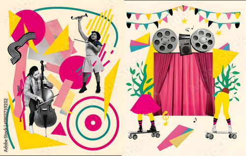 A vibrant and colorful illustration of musicians and film elements in a playful composition
