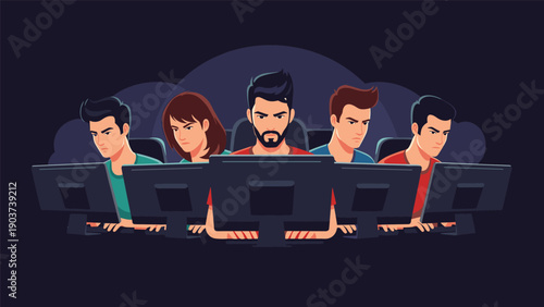 Group of serious professionals or gamers focus intently on their computer monitors while working together in a dark room environment.