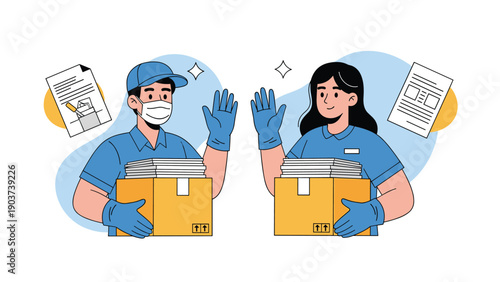 Delivery workers wearing protective masks and gloves wave while holding cardboard boxes and shipping documents for safe courier service.