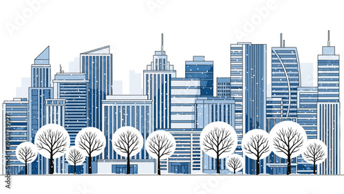 Modern city skyline with skyscrapers is covered in a light layer of snow and features snowy white trees along the waterfront in winter.