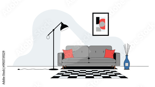 Modern living room interior features a grey sofa with red cushions, a black and white checkered rug, and a tall minimalist floor lamp.