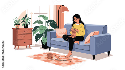 Peaceful scene of a young woman knitting on a blue sofa in a sunlit living room with potted plants and wooden furniture in the background.