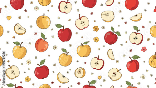 Delicious fruit pattern features a variety of whole red and yellow apples, cut slices, cores, and small flowers on a white background.