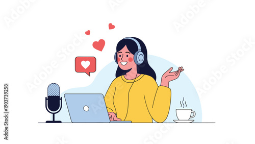 Young woman with headphones hosts a podcast or live stream using a laptop and microphone with social media heart icons in the background.